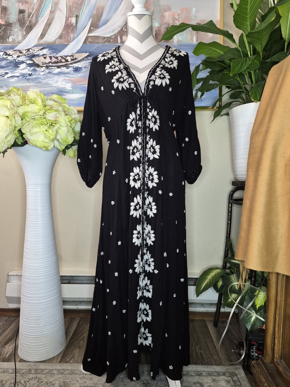 Free People Women's Black Embroidered Fable Midi Dress